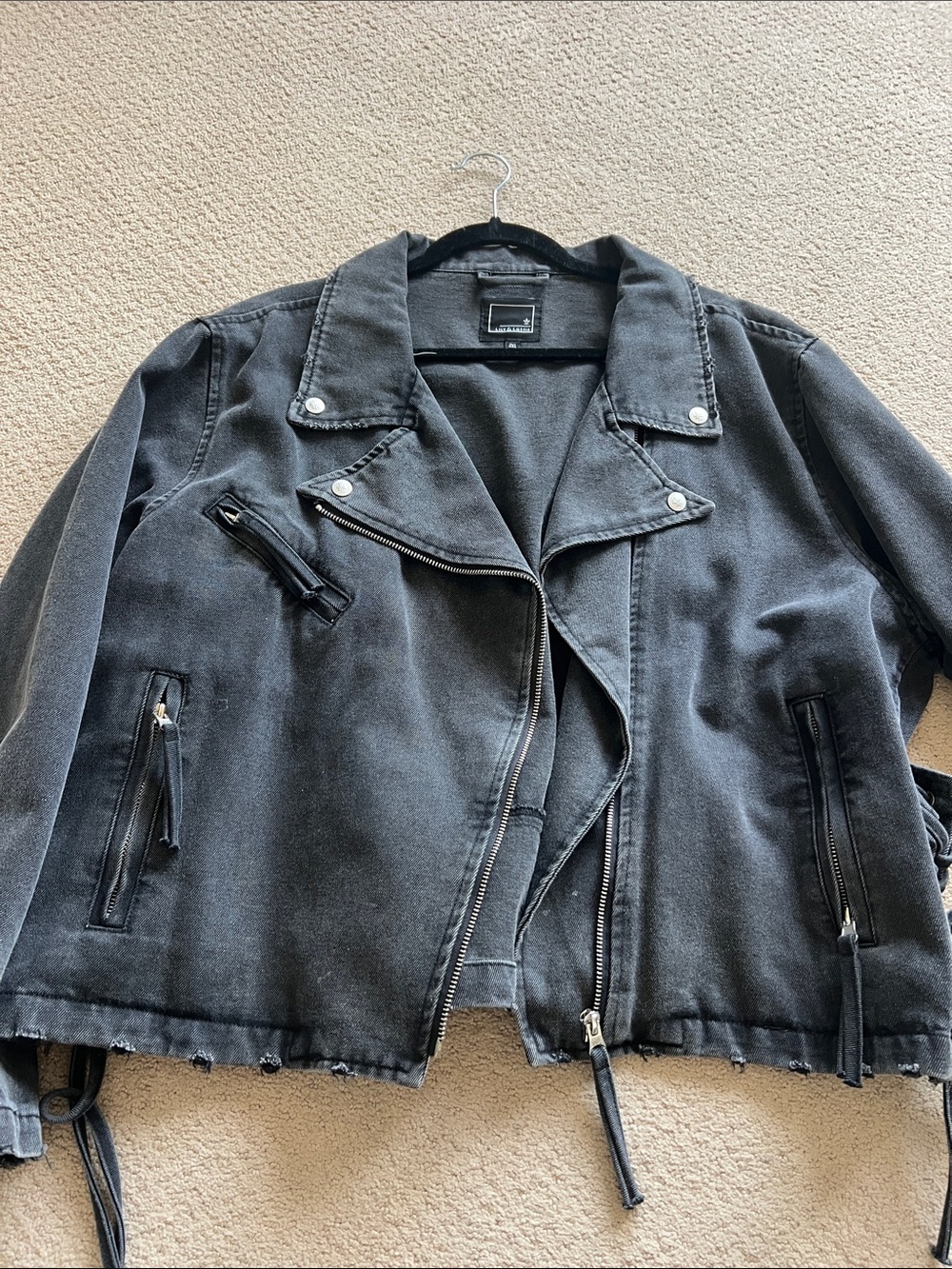 Washed Black Women's Moto Jacket. Brand is Lily and Lottie.